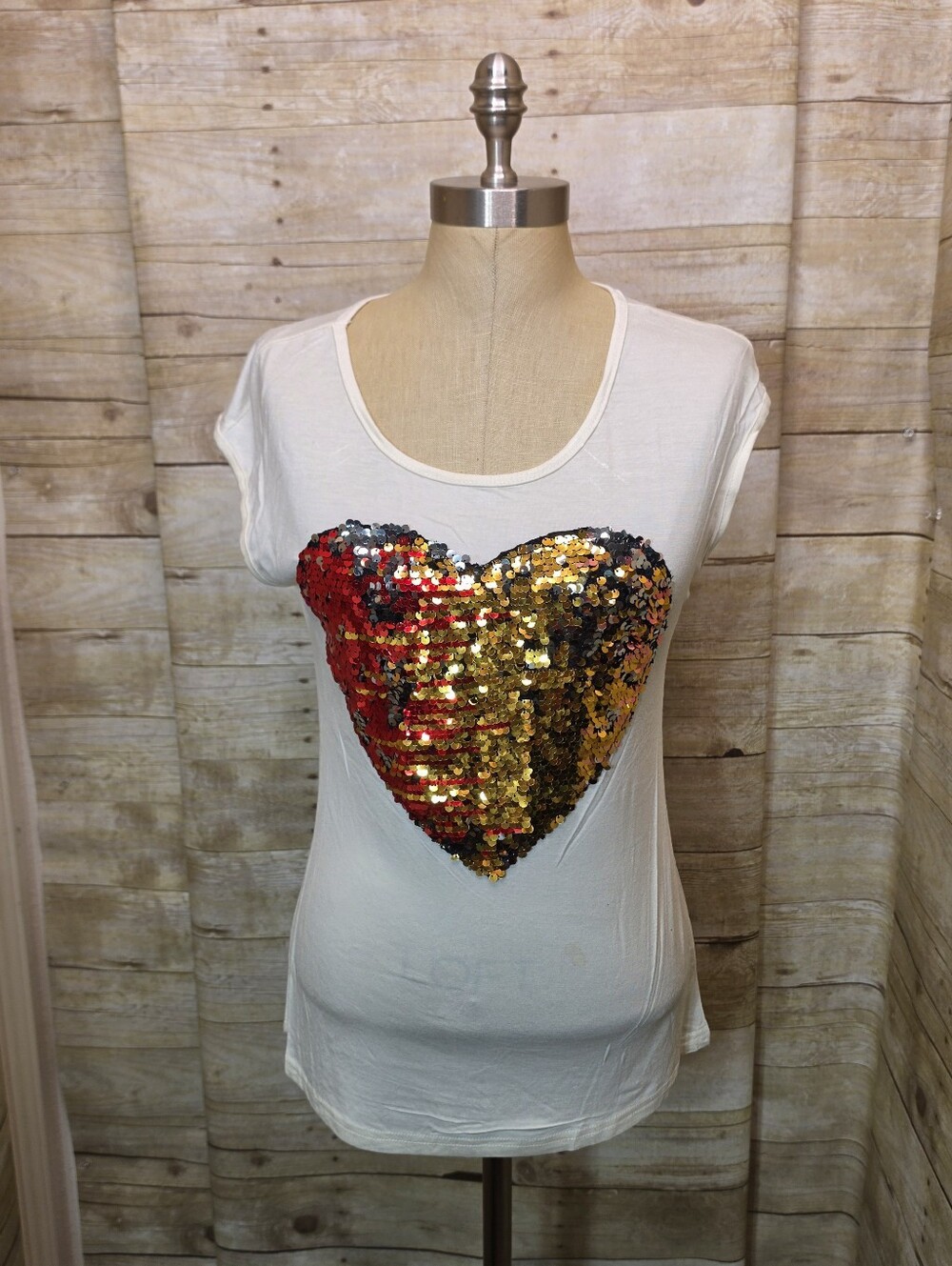 Sequin Heart Scoop Neck Women's Top - Ivory